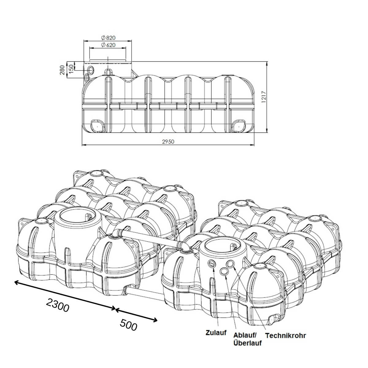 Technische tekening regenwaterput 10000L woningpakket