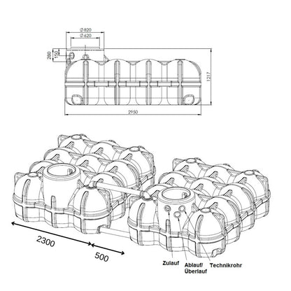 Technische tekening regenwaterput 10000L woningpakket