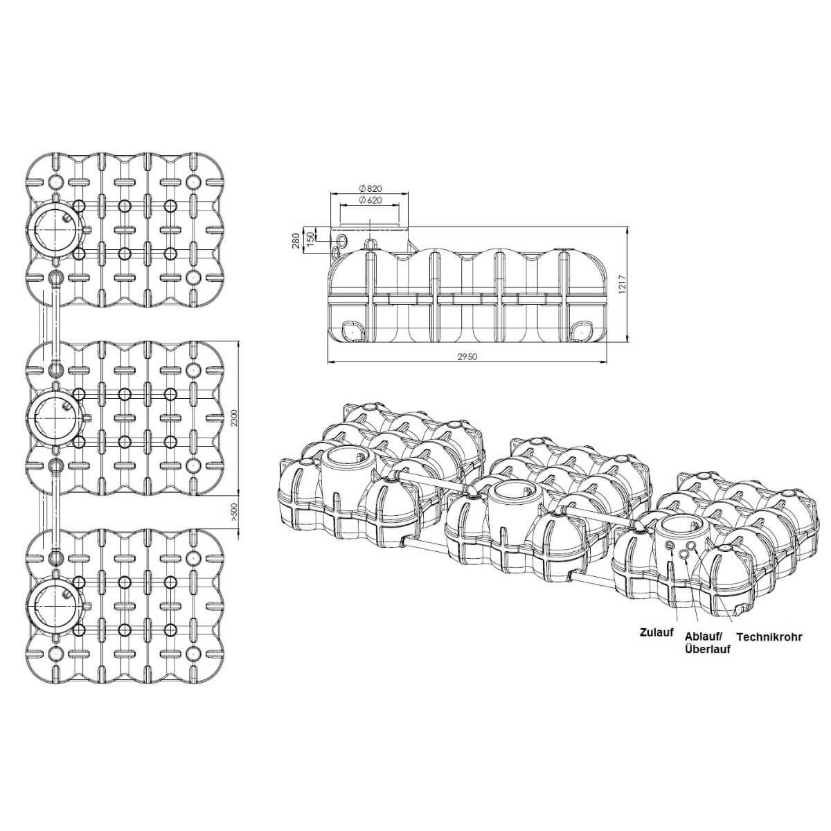 Technische tekening regenwaterput 15000L afmetingen
