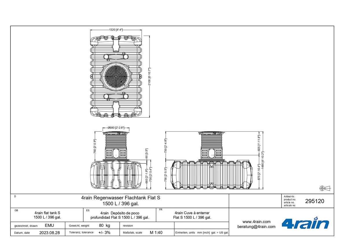 Technische tekening regenwaterput 1500L afmetingen
